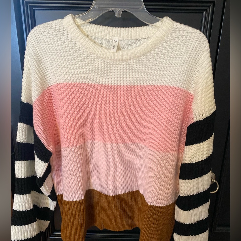 Cozy Wishlist sweater pink, white, camel &black/white striped sleeves.✨💗✨